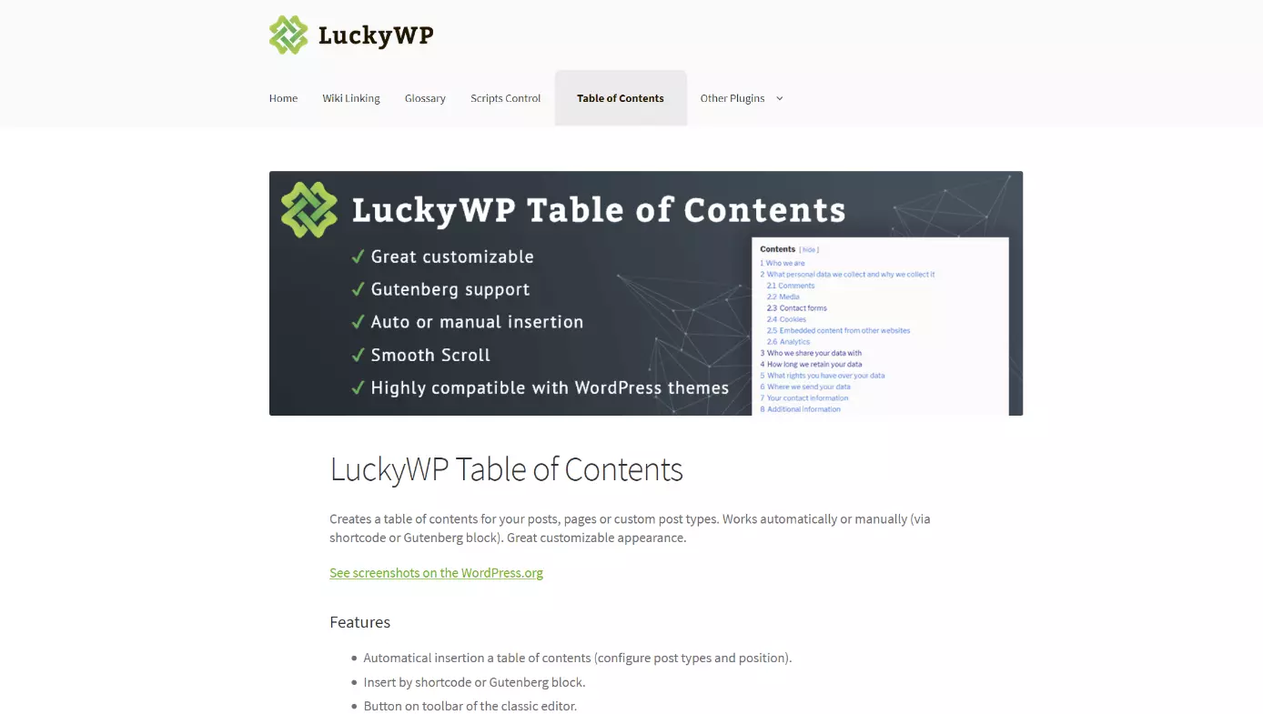 Pagina informativa su “LuckyWP Table of Contents“ sulla pagina dello sviluppatore