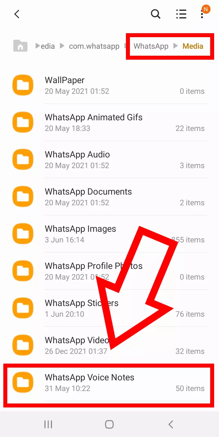 Screenshot di un dispositivo Android: cartella “Media” e sottocartella “WhatsApp Voice Notes”