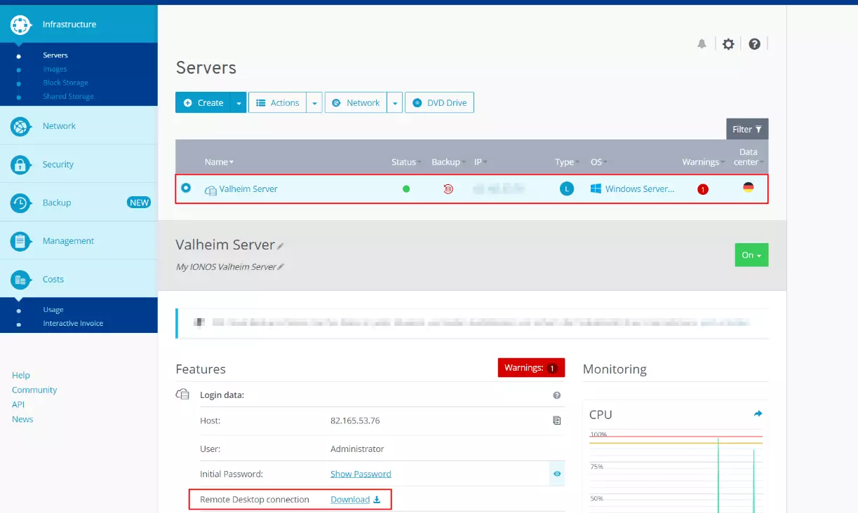 Panoramica dei dati di accesso e del server nel Cloud Panel IONOS