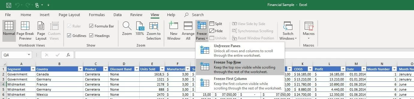 Menu "Blocca riquadri" in Excel 2016