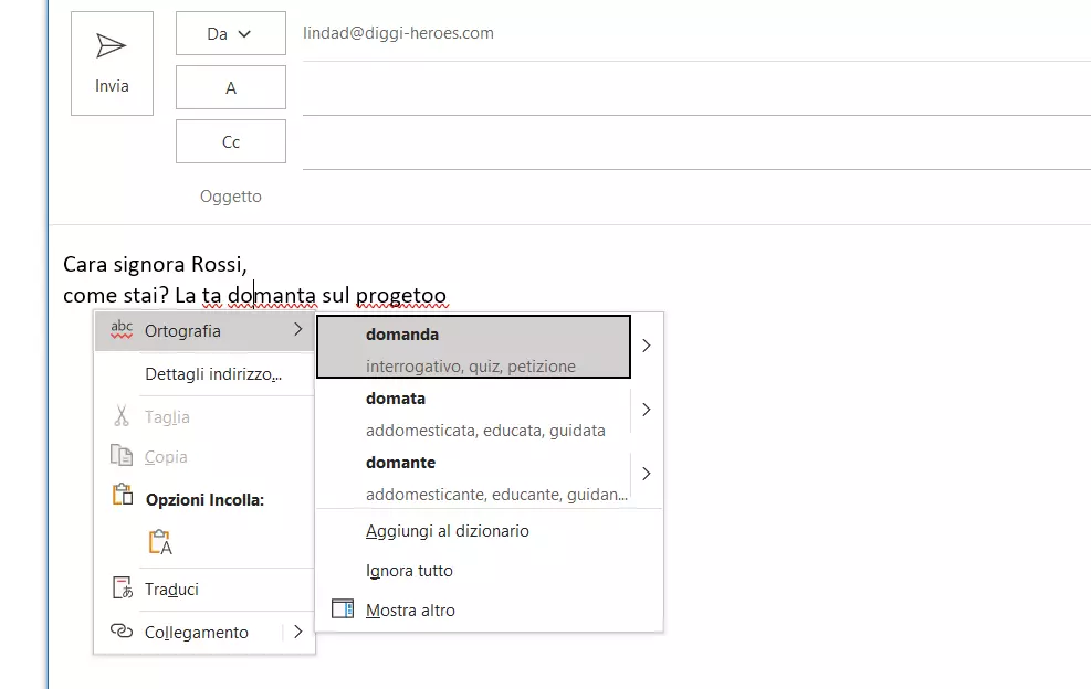 Controllo ortografico di Outlook: correzioni suggerite