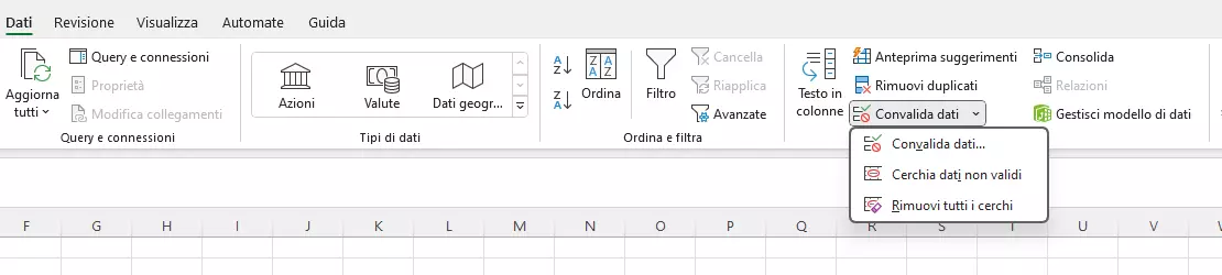 Finestra di convalida dati in Excel