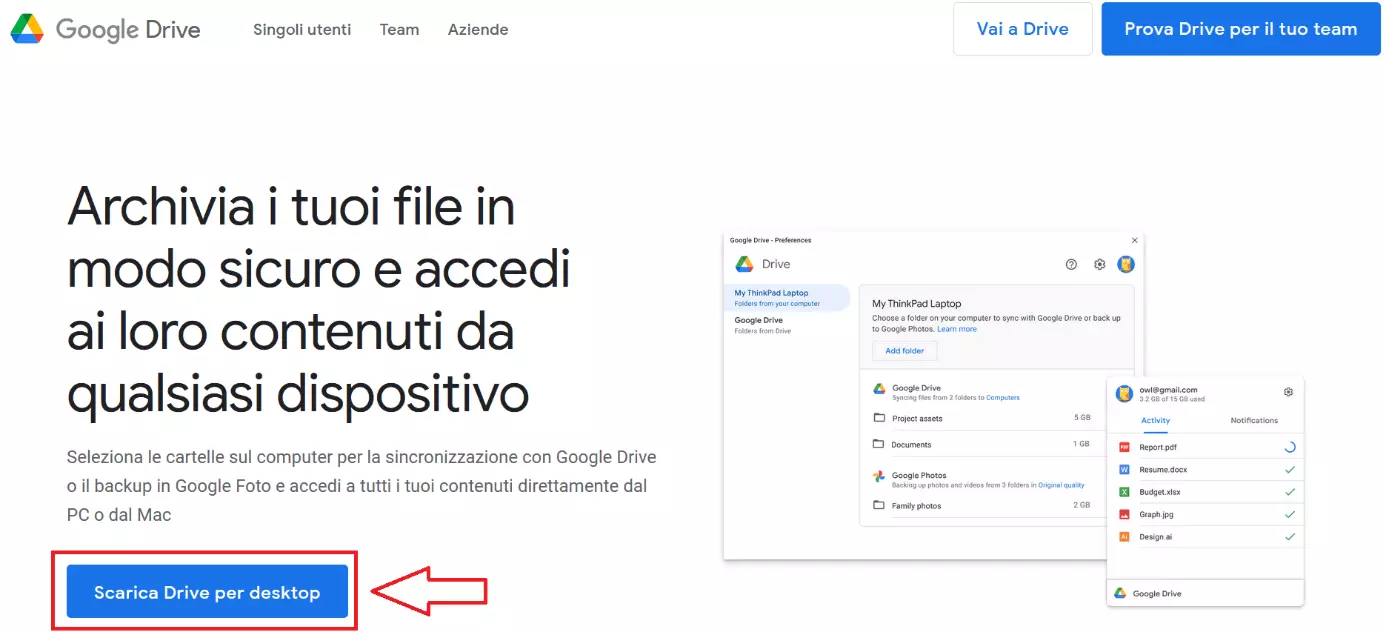 Pagina di download di Google per Drive per desktop