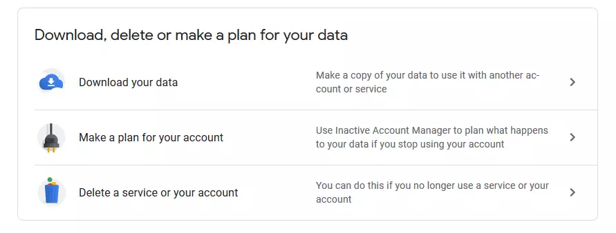 Account Google: menu “download, delete or make a plan for your data