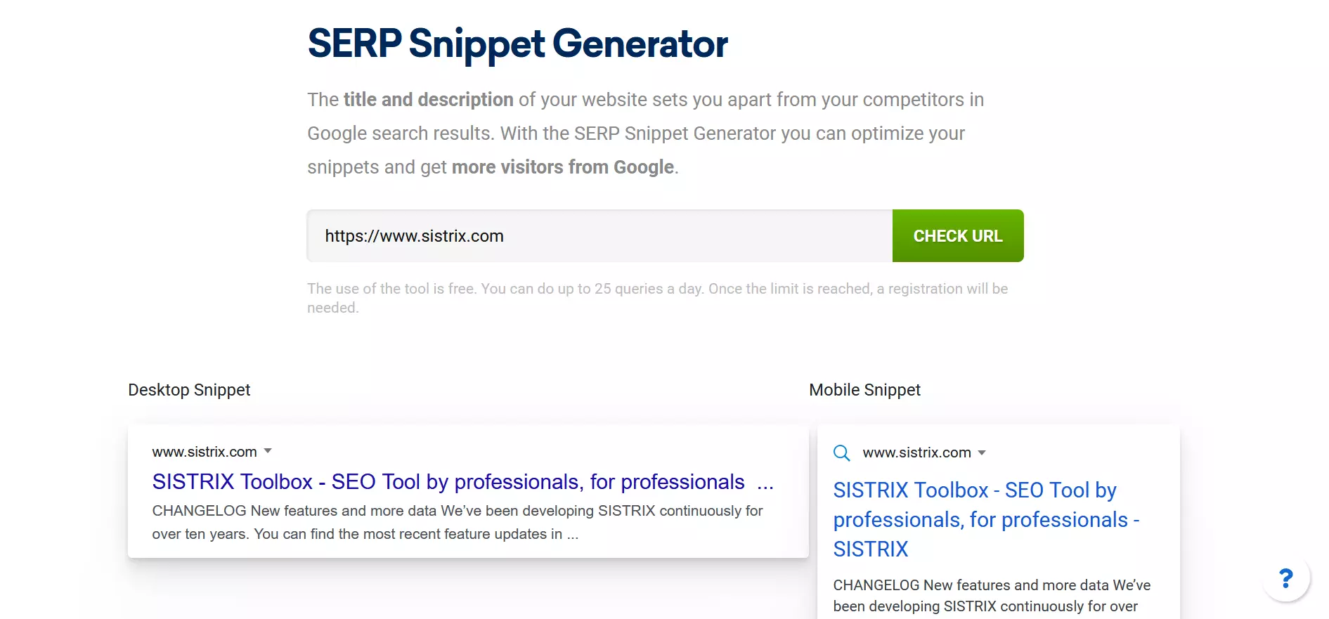 Screenshot di SERP Snippet Generator di Sistrix