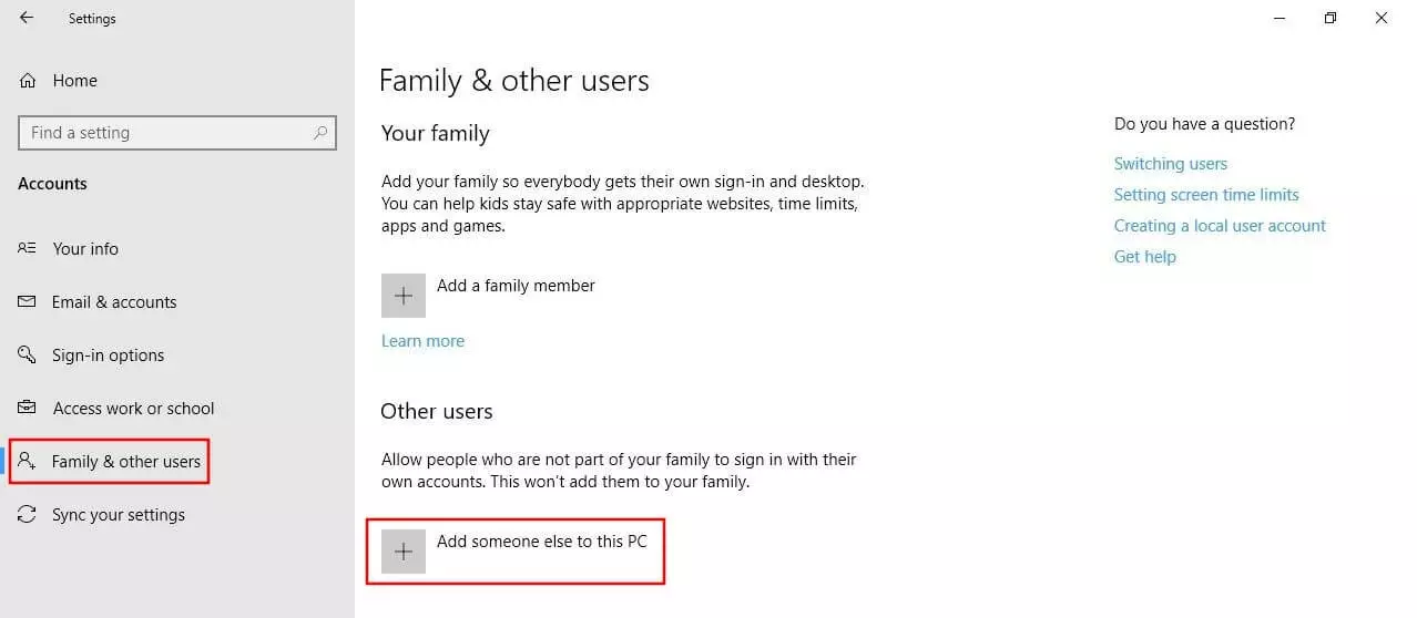 Menu di Windows 10 “Famiglia e altre persone”