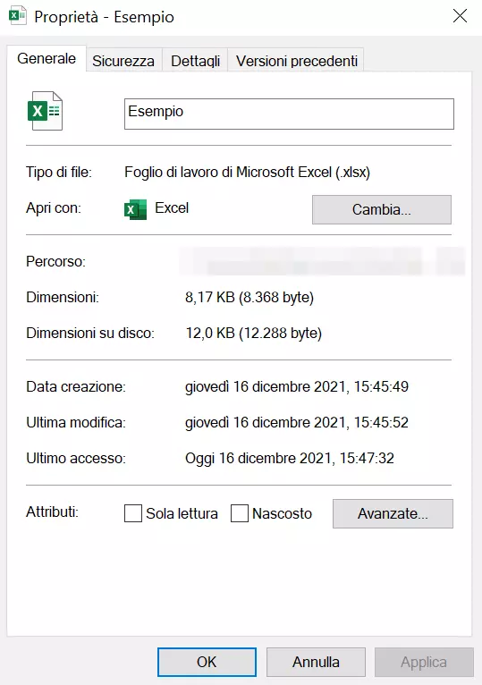 Spazio richiesto per un file in formato XLSX