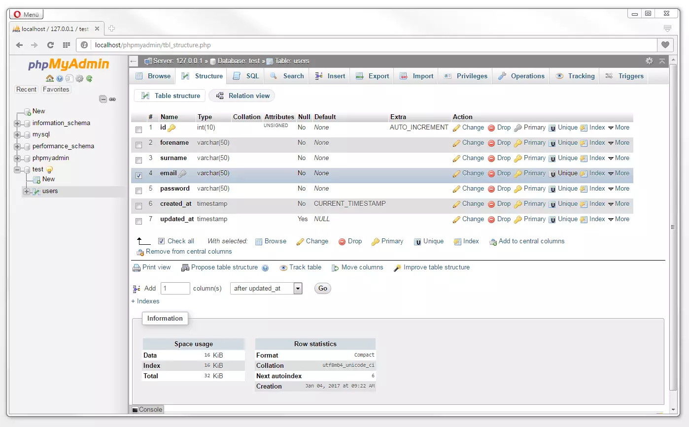 phpMyAdmin: tab per la gestione della struttura della tabella