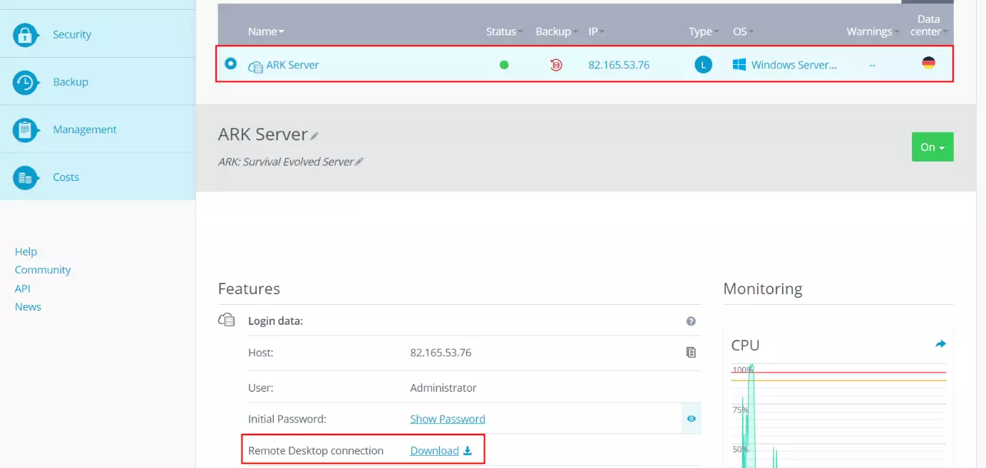 Cloud Panel IONOS: informazioni del server e dati di accesso