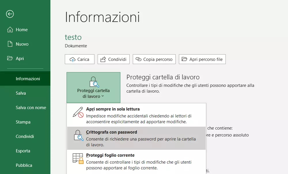 Schermata del menu di Excel