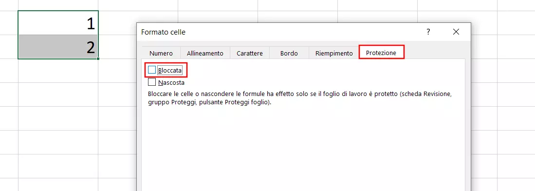 Schermata della finestra di dialogo denominata formato celle, con aperta la tab protezione