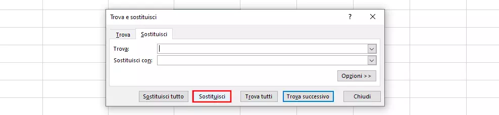 Trova e Sostituisci su Excel: la finestra di dialogo