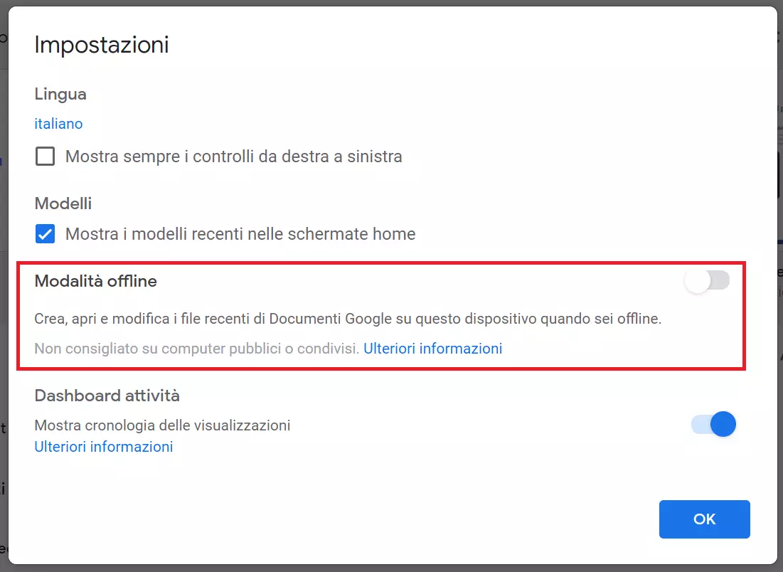 Cursore per attivare l’uso offline di Documenti Google