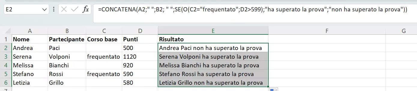 Excel: combinazione di SE e O e CONCATENA