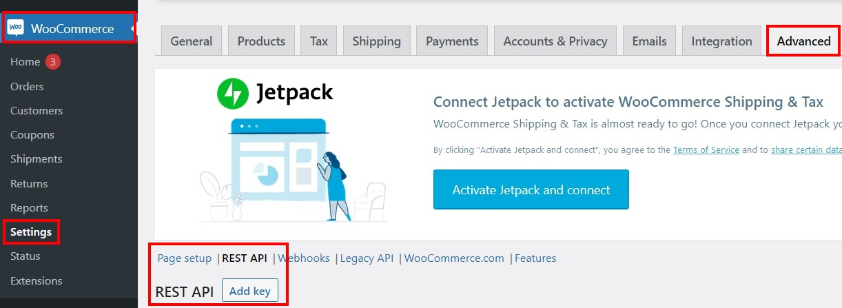 Il menu dell’API REST nel back end di WooCommerce