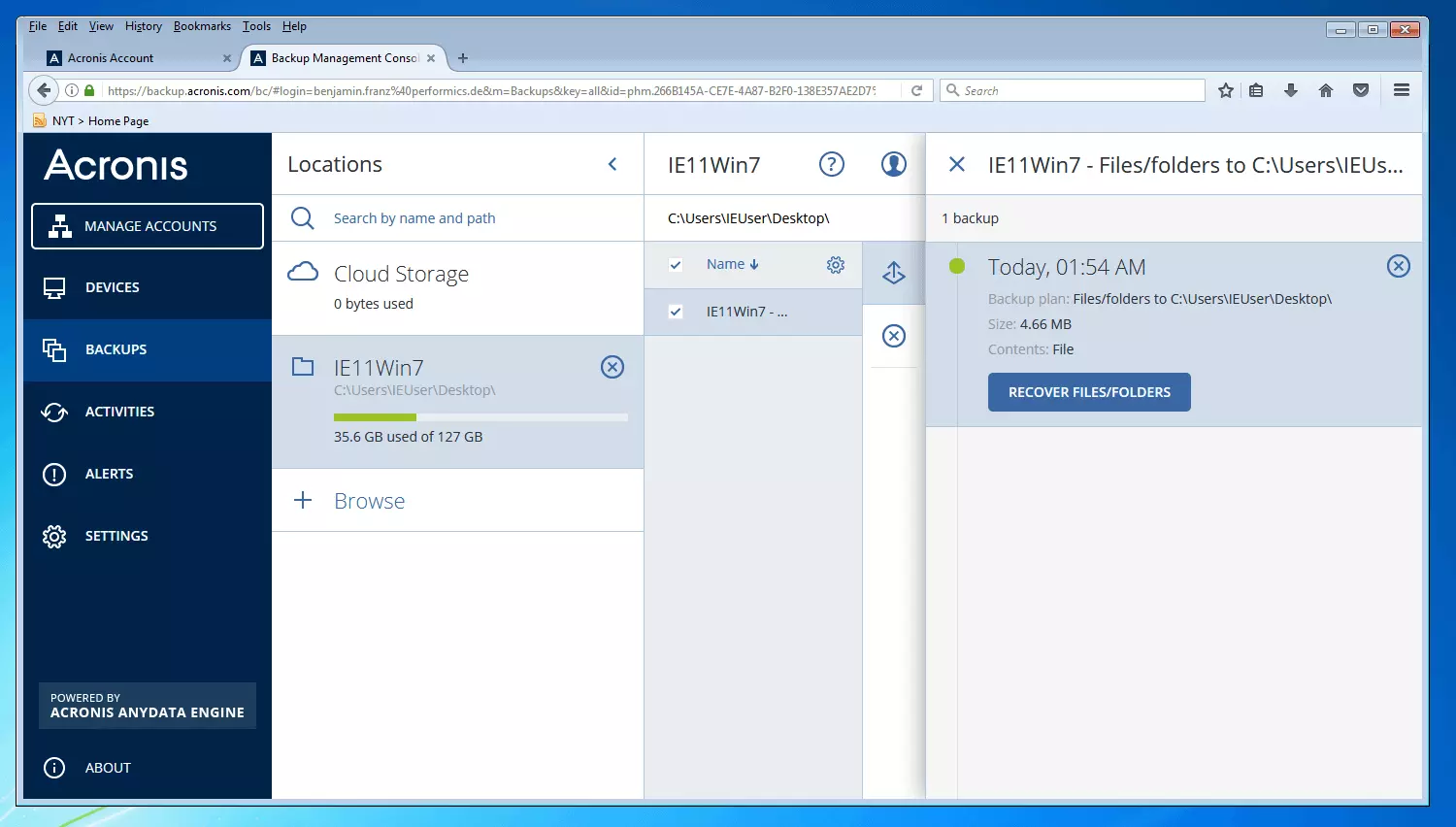 Console di gestione dei backup Acronis Backup 12.5: panoramica dei backup effettuati