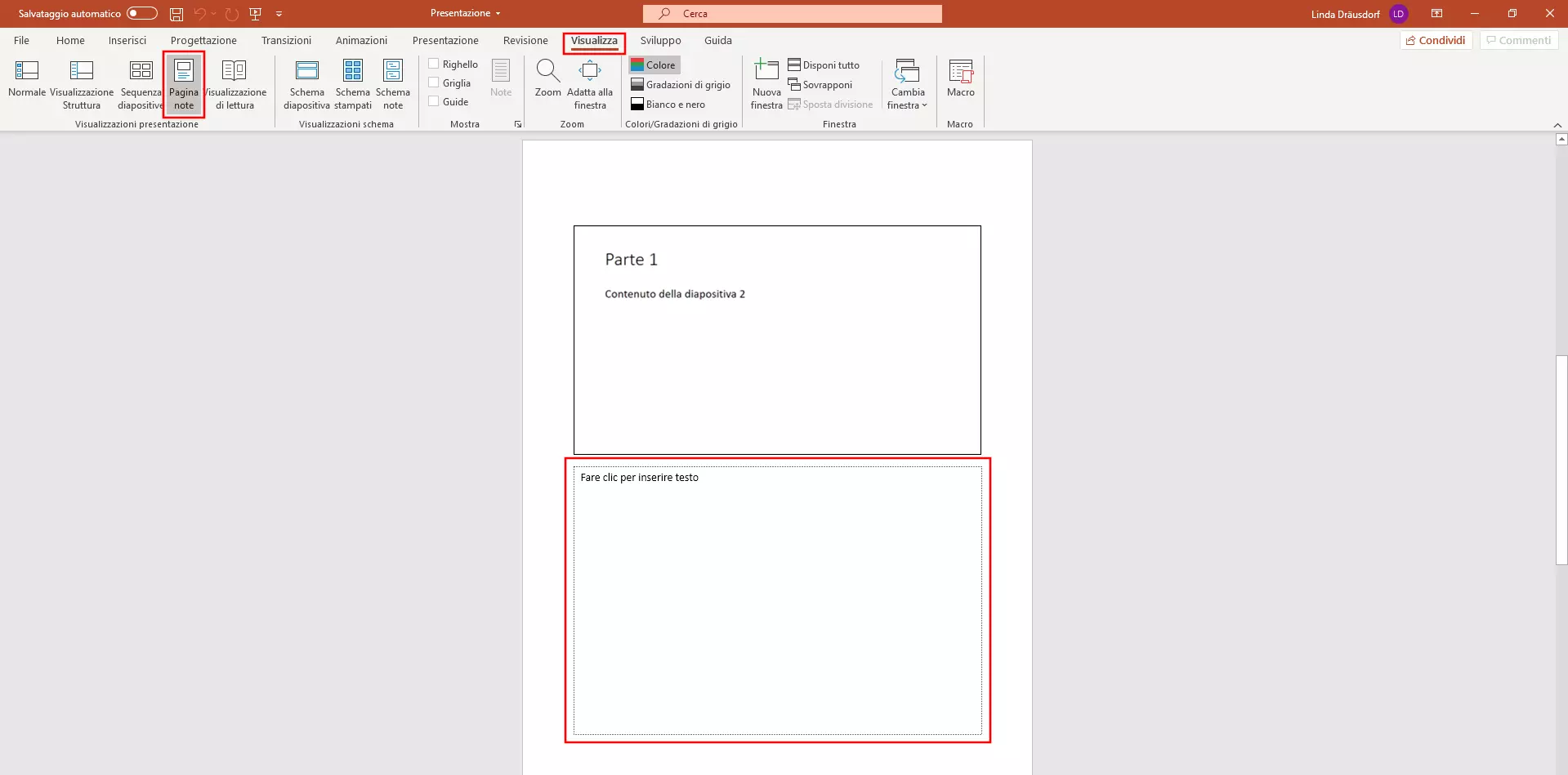 Pagina note di PowerPoint: inserire le note di PowerPoint