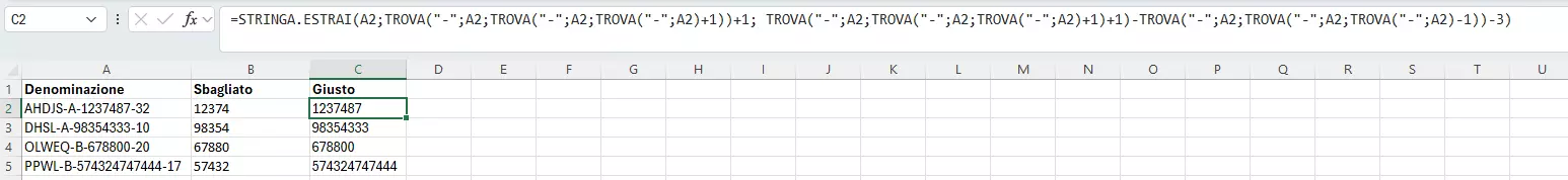 Combinazione di TROVA e STRINGA.ESTRAI per estrarre un testo di lunghezza variabile