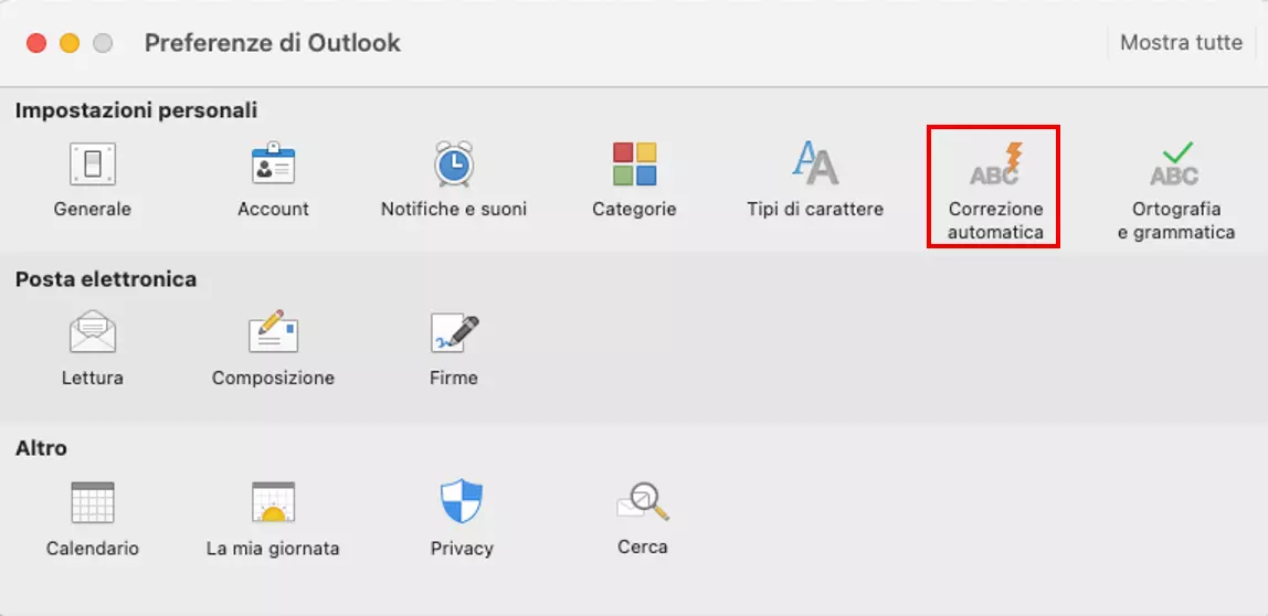 Outlook per Mac: la voce “Correzione automatica” nel menu Preferenze di Outlook