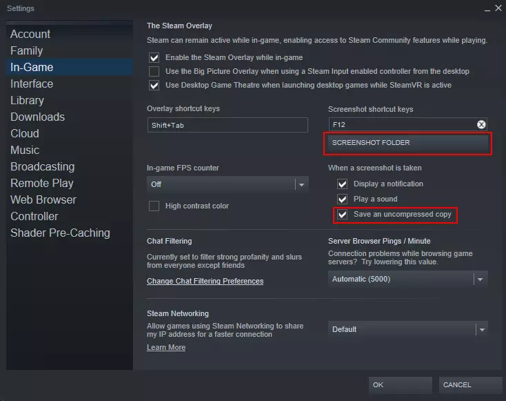 Impostazioni di Steam: cambiare la cartella degli screenshot