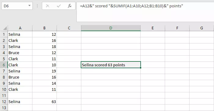 Combinazione di CONCATENA e SOMMA.SE in una tabella Excel