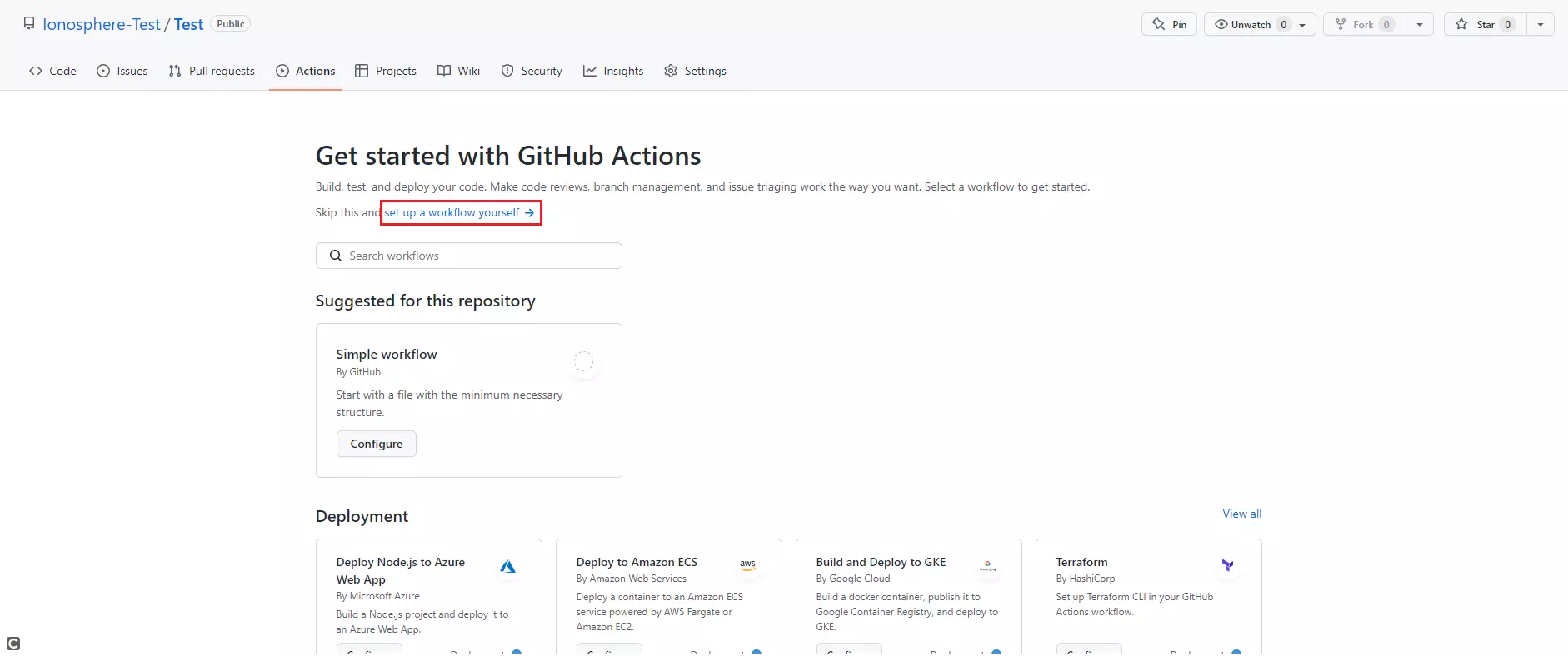 Menu di GitHub Actions