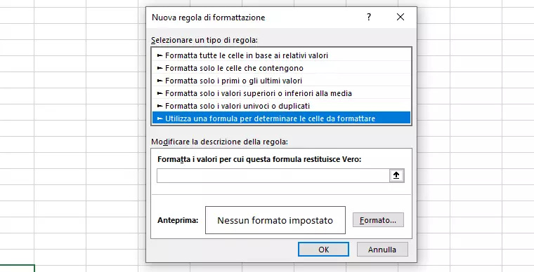 Finestra di dialogo Excel “Nuova regola di formattazione”