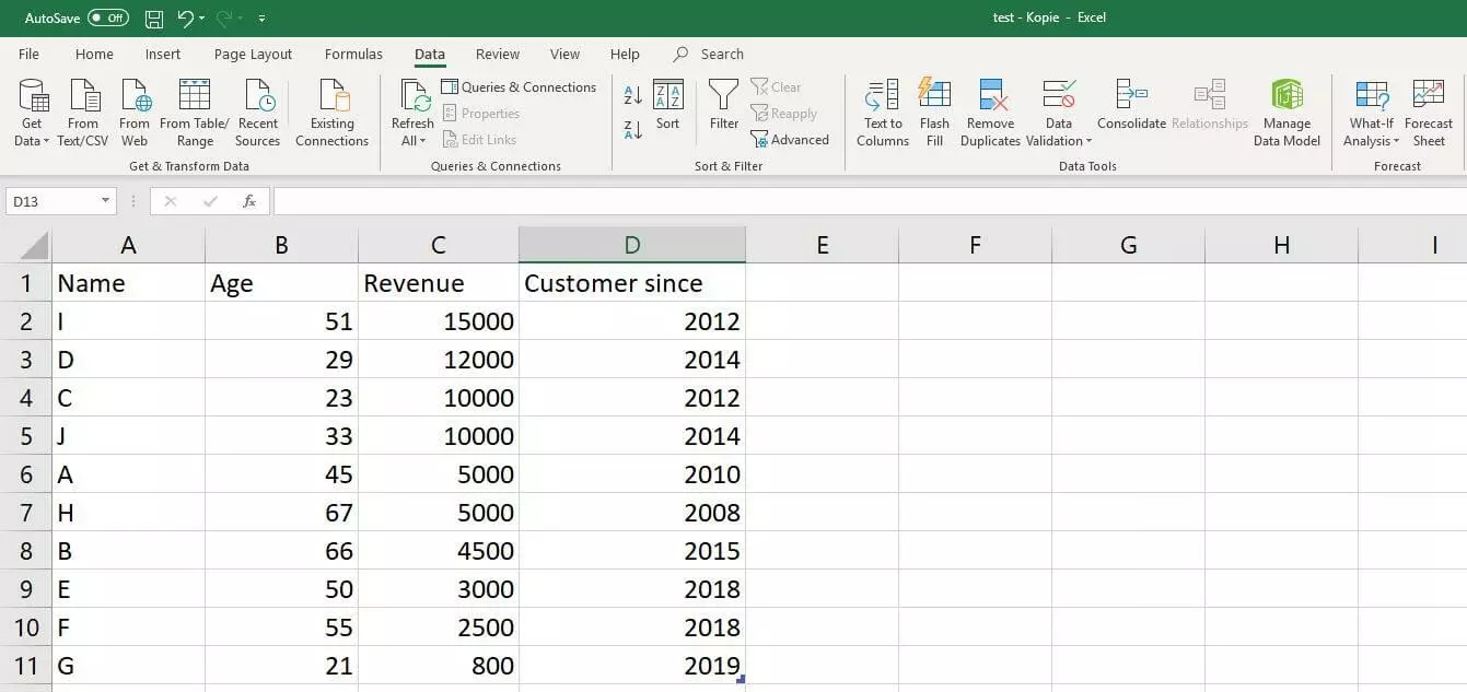 Excel 2016: esempio di set di dati