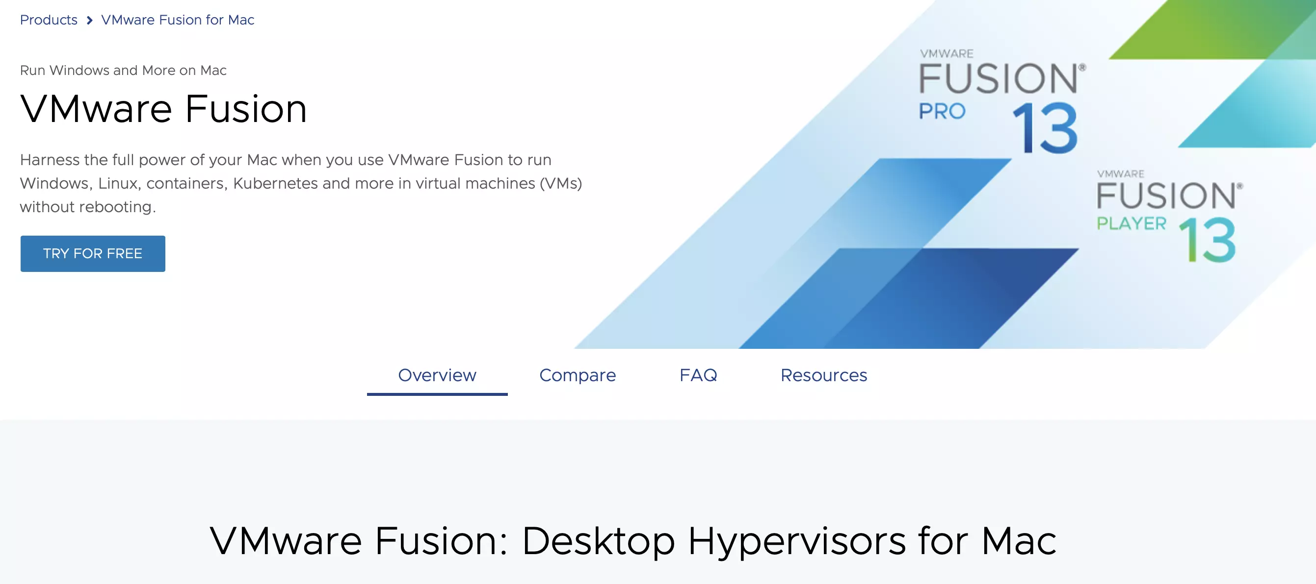 Schermata del sito di VMware Fusion Pro