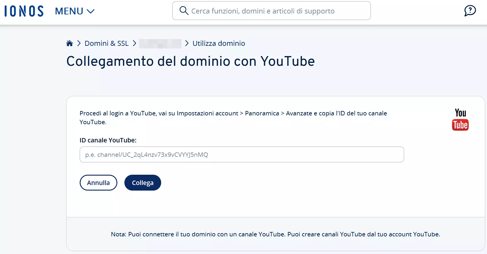 Collegamento del dominio a YouTube nell’area cliente IONOS