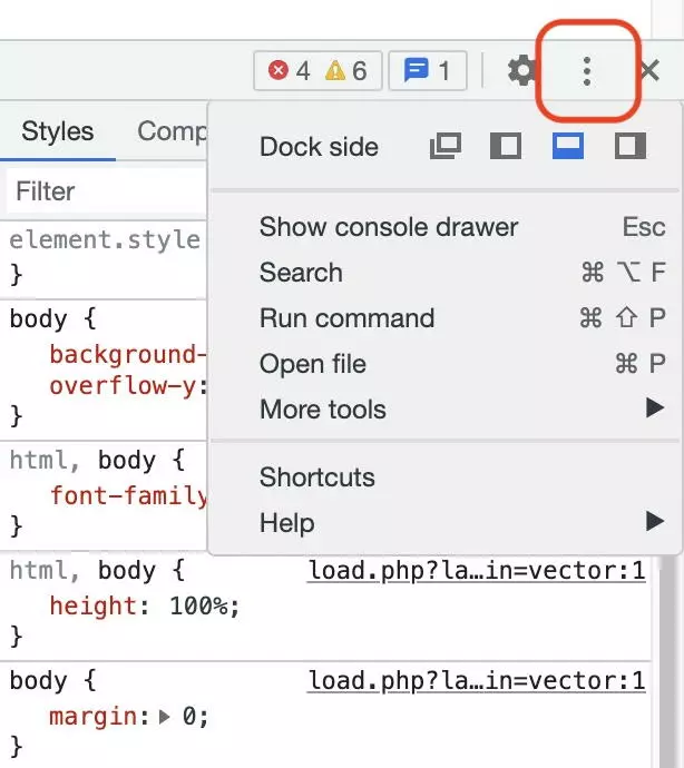 Menu degli strumenti per sviluppatori con la selezione dei DevTools