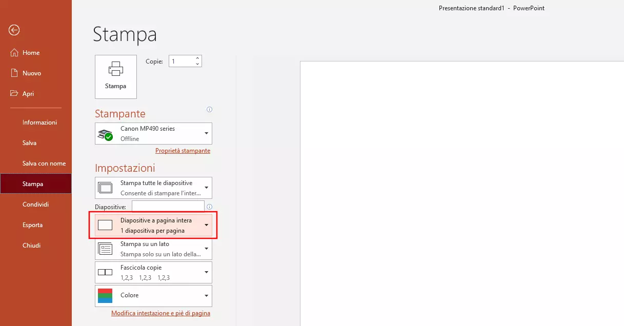 Impostazioni di stampa PowerPoint