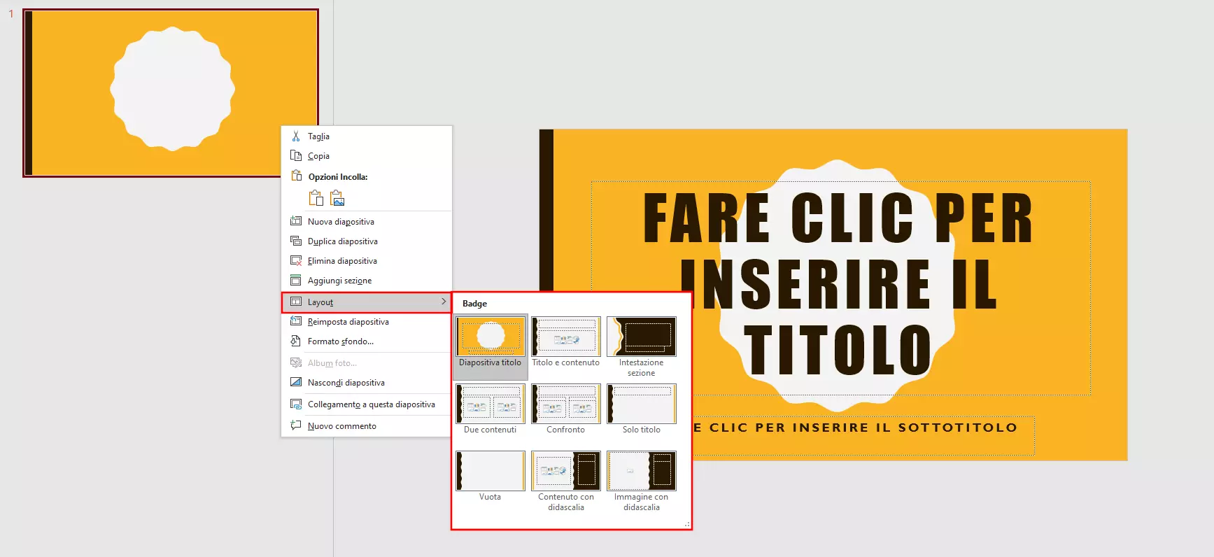 Selezione del layout in PowerPoint con un clic con il tasto destro del mouse