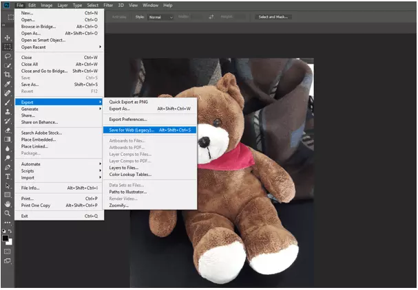 Menu principale di Photoshop: comprimere le immagini con “Salva per web“