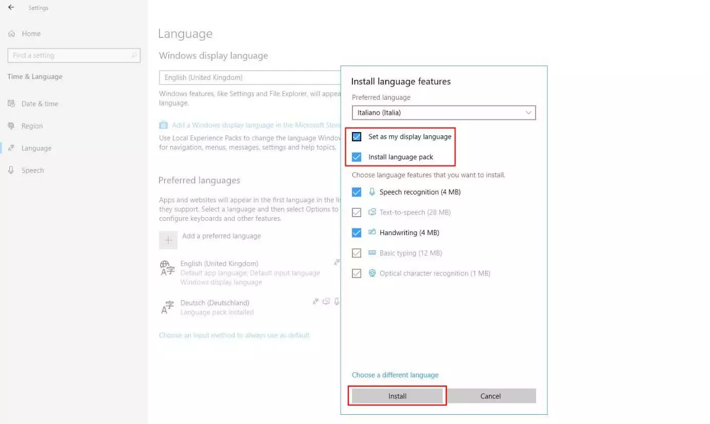 Installare le funzionalità della lingua in Windows 10