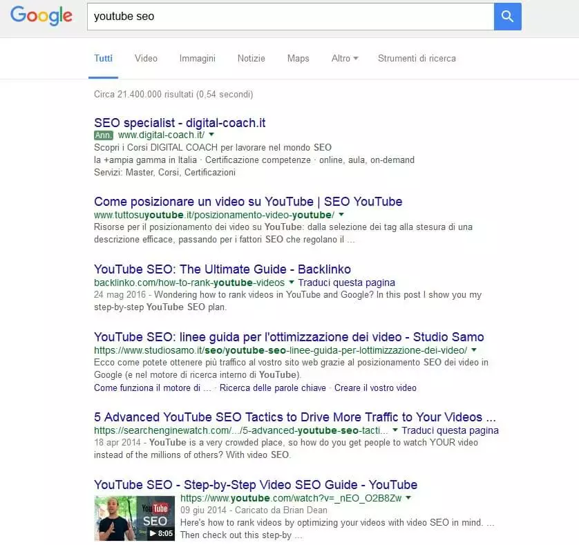 Risultati della ricerca “youtube seo” su Google