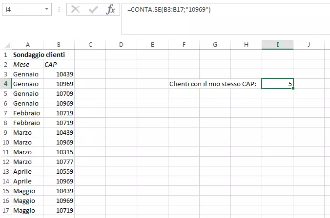 Screenshot di una tabella Excel con la funzione CONTA.SE finalizzata a una statistica