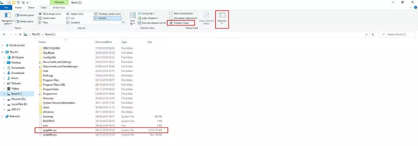 pagefile.sys nell’Esplora File di Windows 10