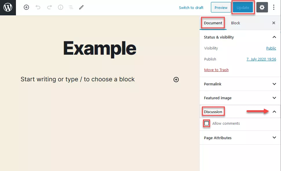 Editor Gutenberg con box informazioni (barra laterale destra); aprire prima la sezione “Documento” e poi quella “Discussione” 