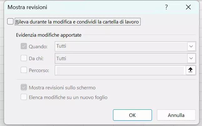 Finestra di dialogo “Mostra revisioni” di Excel