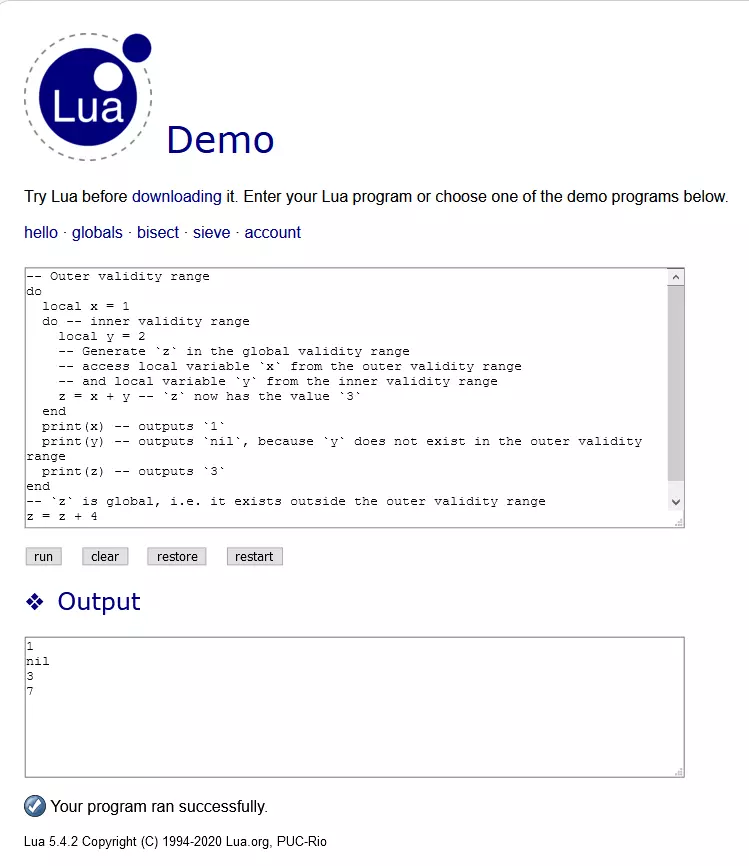 Demo interattiva di Lua