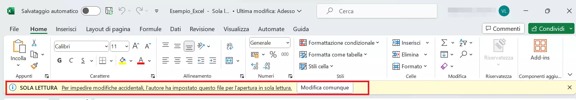 Avviso di Excel per l’apertura in sola lettura