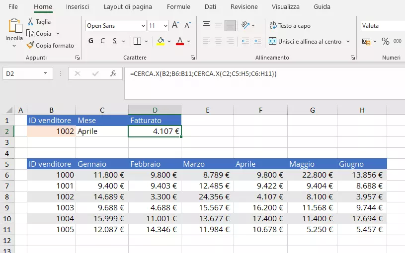 Funzione CERCA.X di Excel nidificata