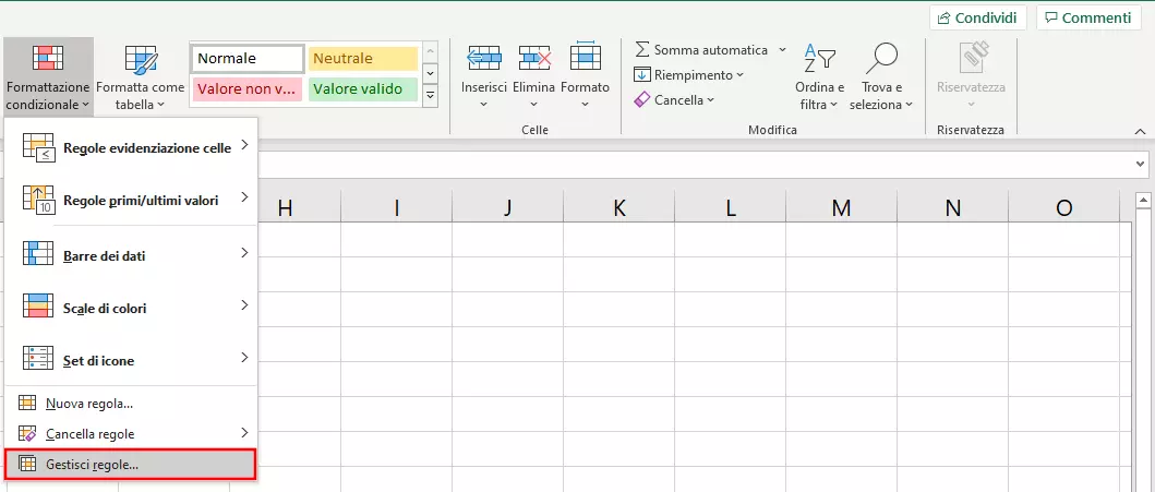 Menu di Excel “Formattazione condizionale”