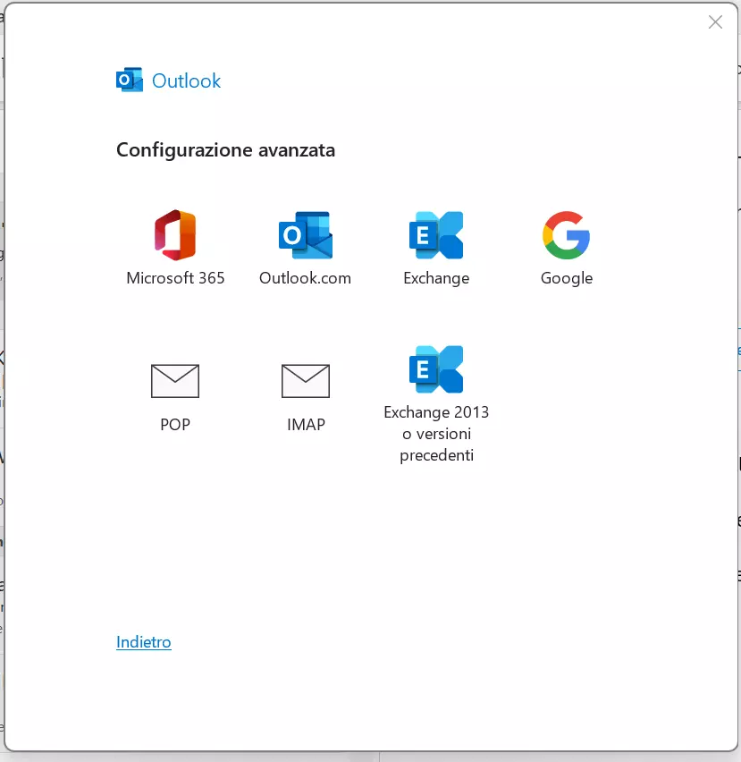 Finestra per la configurazione manuale “Aggiungi account” su Outlook