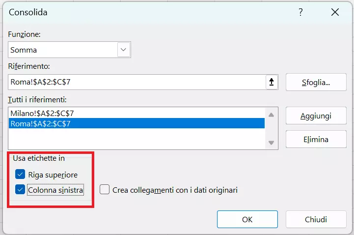 Aggiunta dei dati delle tabelle nel campo “Tutti i riferimenti”