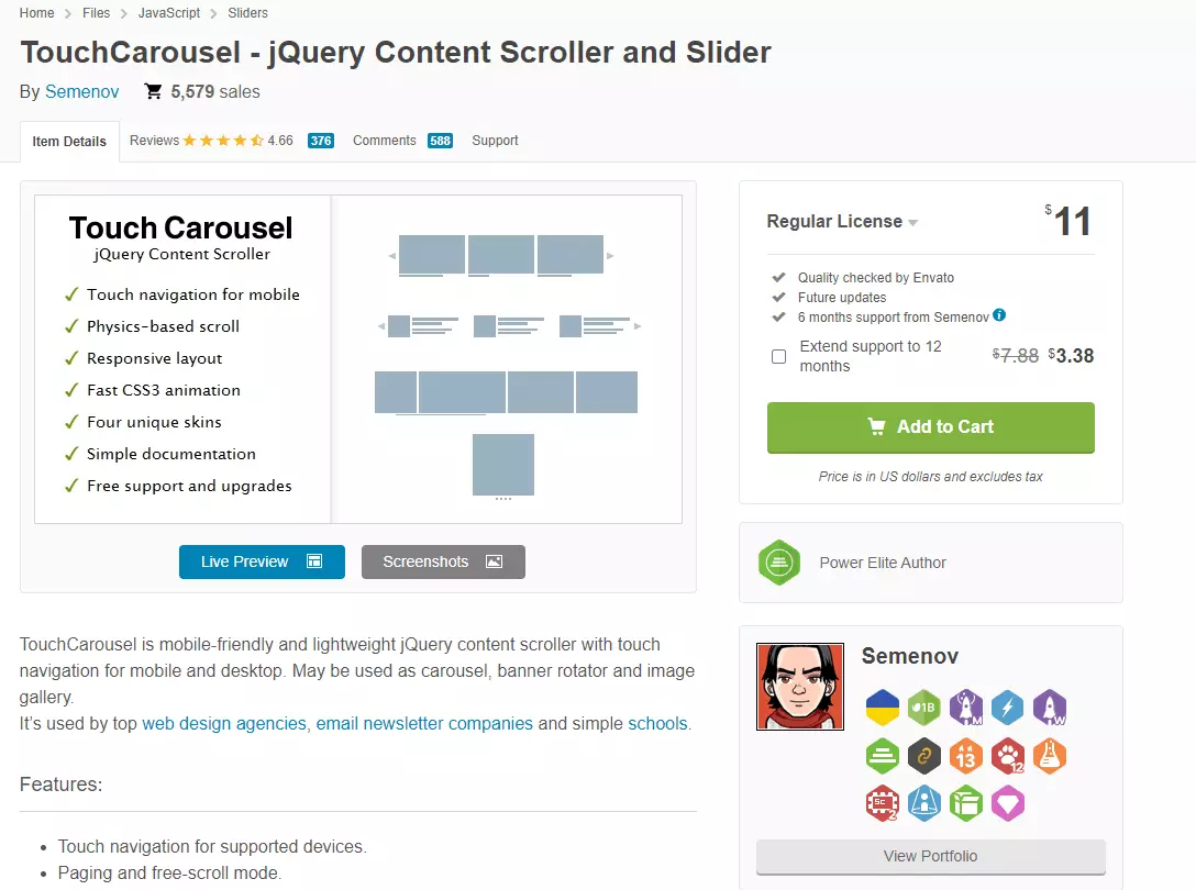 Screenshot del plugin TouchCarousel su codecanyon.net