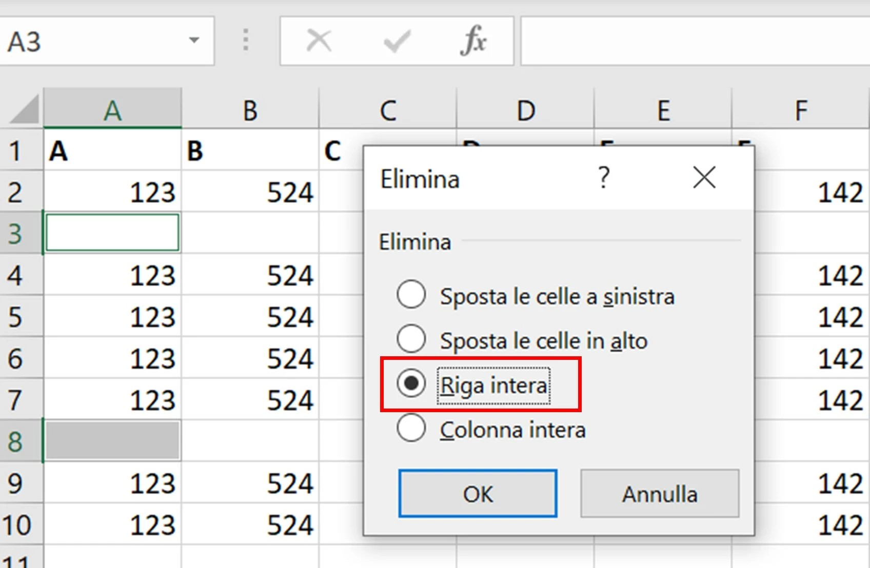 Menu Elimina riga intera su Excel