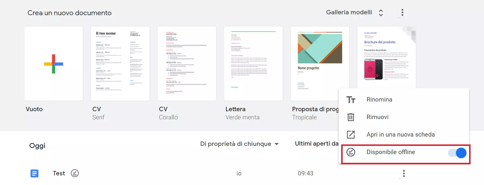 Funzione per rendere disponibili offline in Google Docs singoli documenti