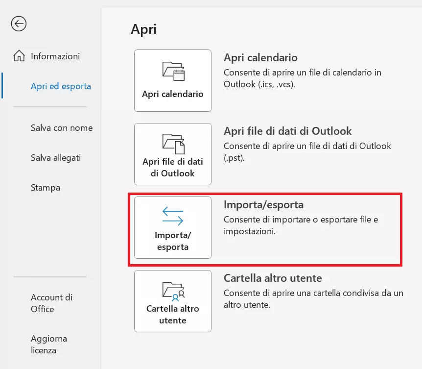 Opzioni del menu “Apri” su Microsoft Outlook